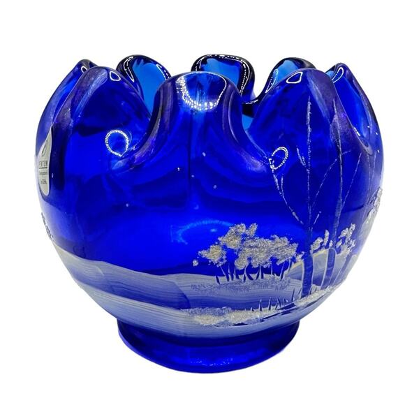 Vintage Fenton Cobalt Blue Rose Bowl hand Painted Signed Snow Winter Scene - Picture 7 of 13